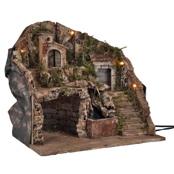Presepe artigianale illuminato con cascata cm 39x30x39h