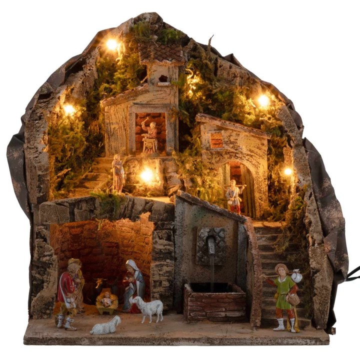 Presepe illuminato con fontana 34x27x38h completo di statue