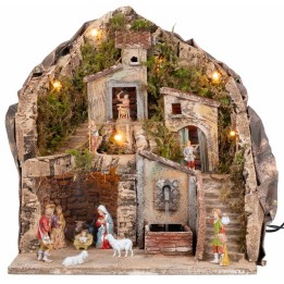 Belén iluminado con fuente 34x27x38h completo de estatuas