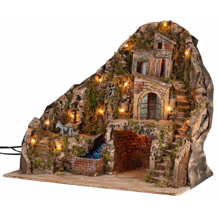 Presepe illuminato con ruscello e asino in movimento 58x40x54h