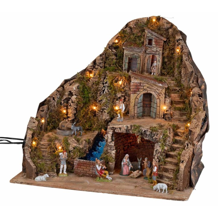 Illuminated nativity scene with stream and moving donkey