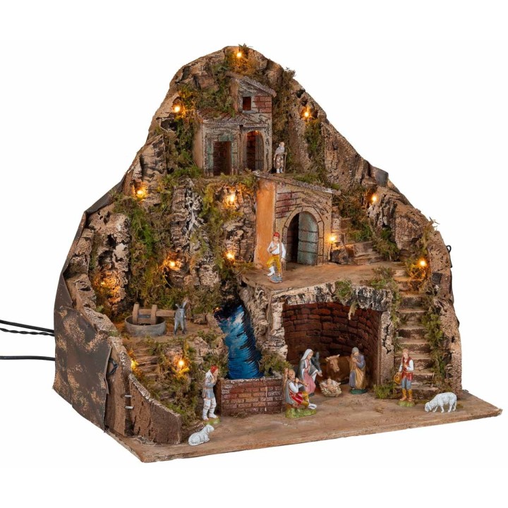 Presepe illuminato con ruscello e asino in movimento 58x40x54h