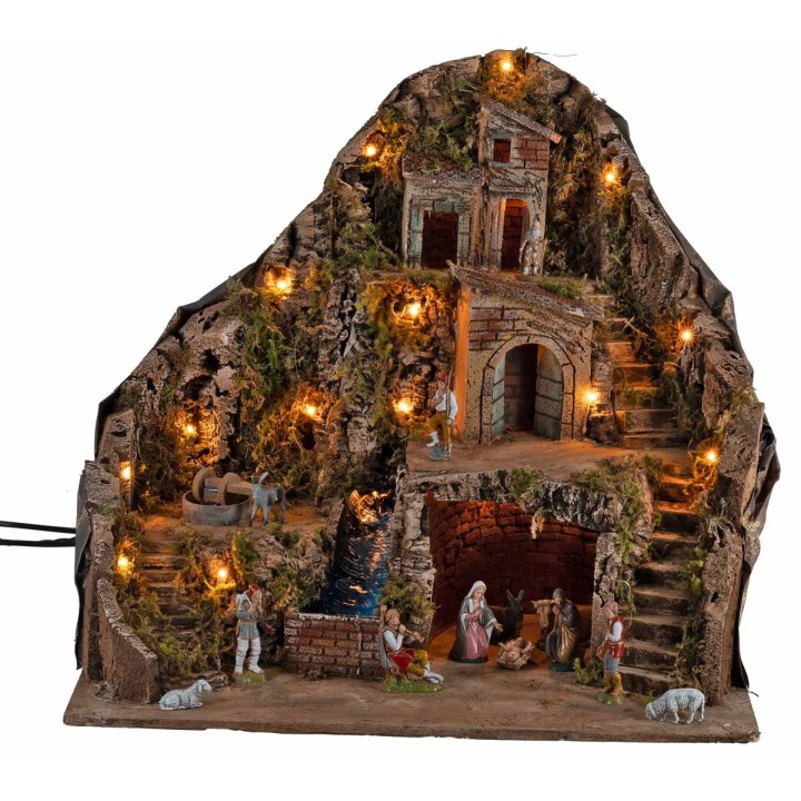 Illuminated nativity scene with stream and moving donkey
