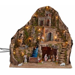Illuminated nativity scene with stream and moving donkey