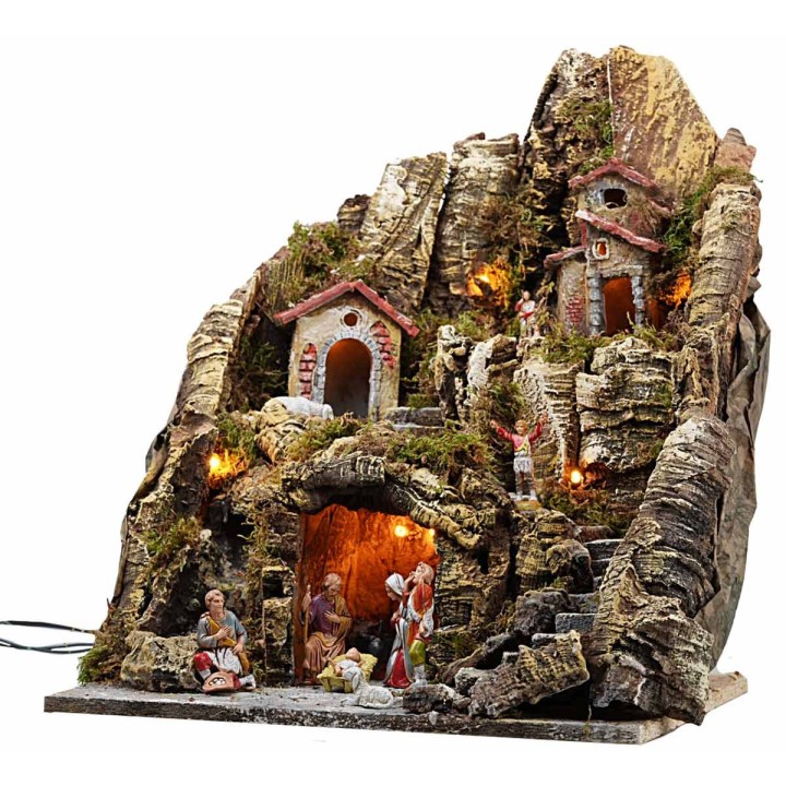 Illuminated nativity scene with stream and long staircase 35x30x40h