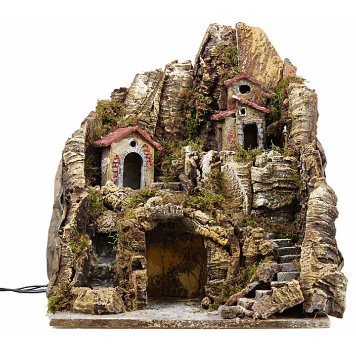 Illuminated nativity scene with stream and long staircase 35x30x40h