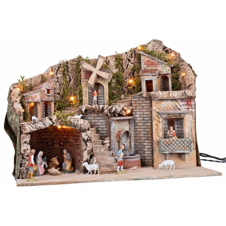 Illuminated nativity scene with working mill and electric fountain