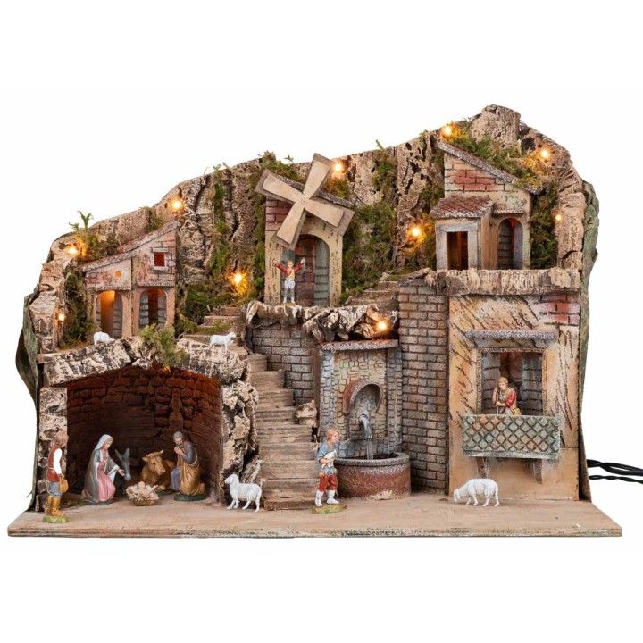 Illuminated nativity scene with working mill and electric fountain