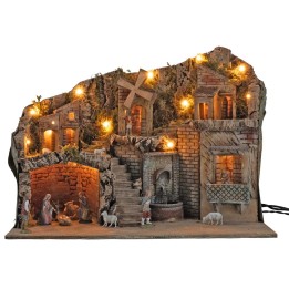 Presepe illuminato con mulino e fontana funzionanti a corrente
