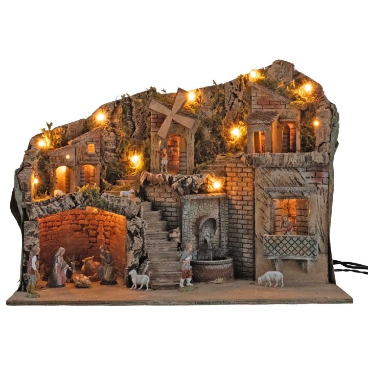 Illuminated nativity scene with working mill and electric fountain