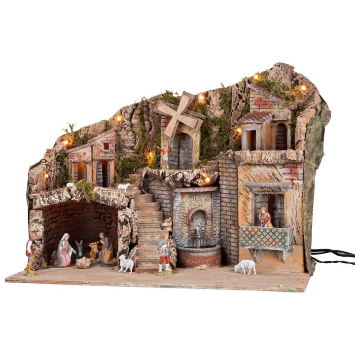 Illuminated nativity scene with working mill and electric fountain