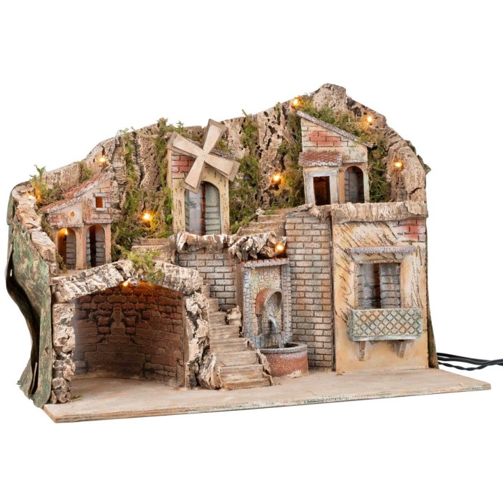Presepe illuminato con mulino e fontana funzionanti a corrente