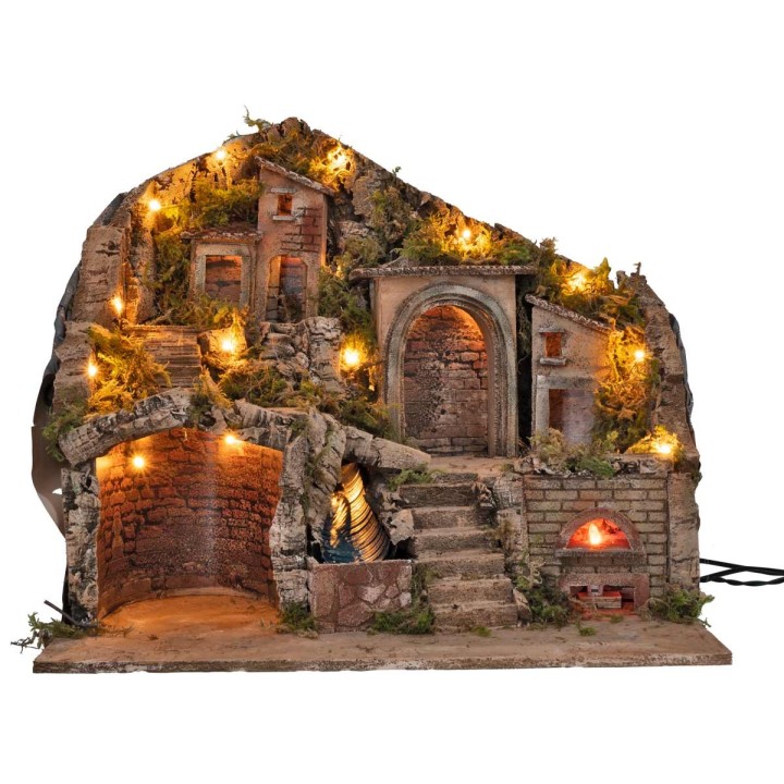 Pesebre iluminado con horno y cascada funcionando a corriente