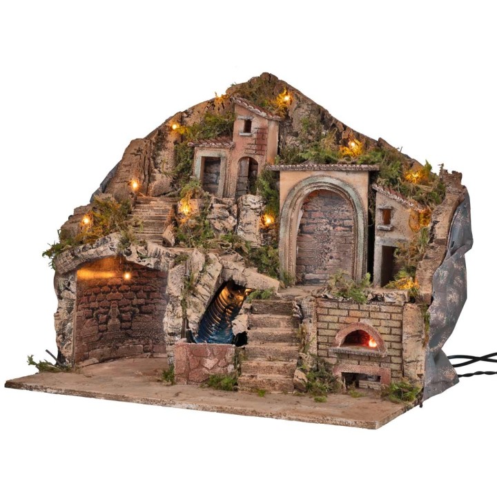 Presepe illuminato con forno e cascata funzionanti a corrente