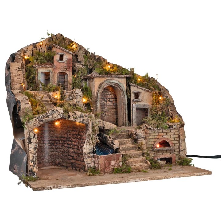 Presepe illuminato con forno e cascata funzionanti a corrente