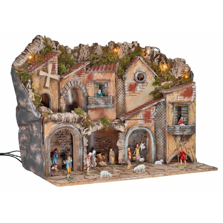 Presepe illuminato con archi, forno, mulino e balconi 70x48x60h