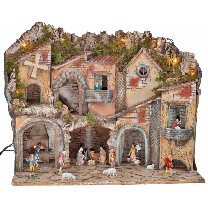 Belén iluminado con arcos, horno, molino y balcones 70x48x60h