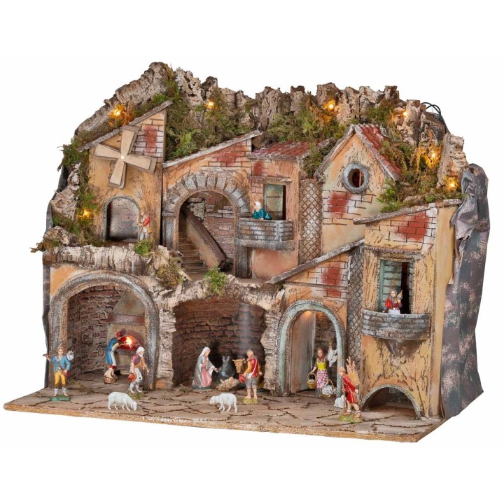 Presepe illuminato con archi, forno, mulino e balconi 70x48x60h