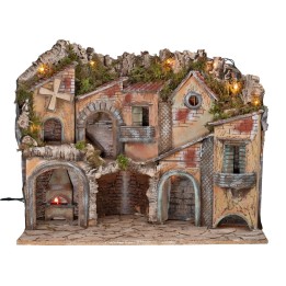 Presepe illuminato con archi, forno, mulino e balconi 70x48x60h