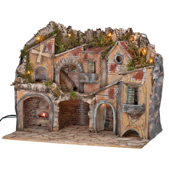 Presepe illuminato con archi, forno, mulino e balconi 70x48x60h