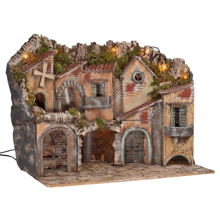 Pesebre iluminado con arcos, horno, molino y balcones 70x48x60h