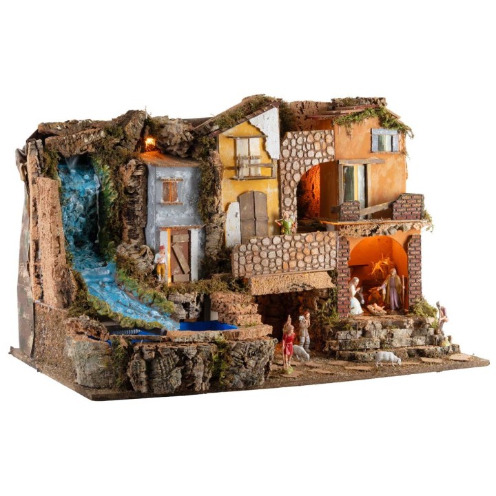 Presepe con luci e cascata 80x50x52h completo di statue Landi