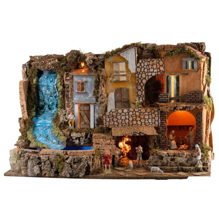 Nativity scene with lights and waterfall 80x50x52h complete with Landi statues