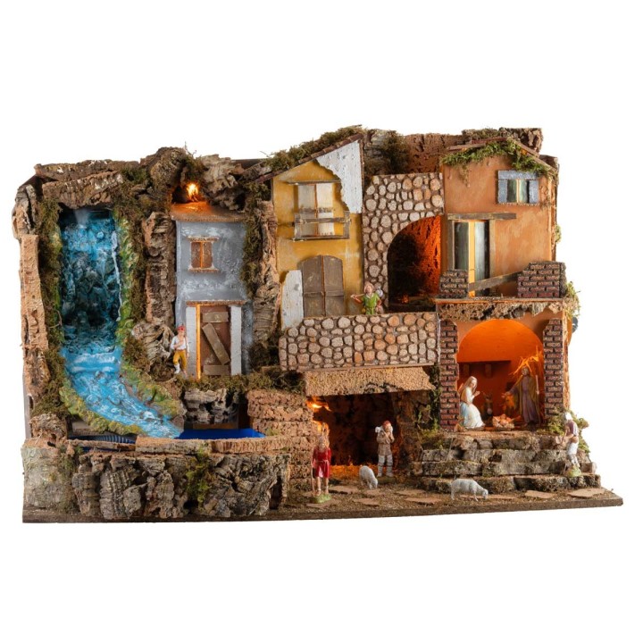 Presepe con luci e cascata 80x50x52h completo di statue Landi