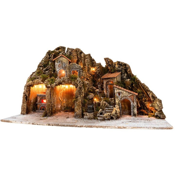 Belén iluminado con horno y pequeña cascada 81x40x46h