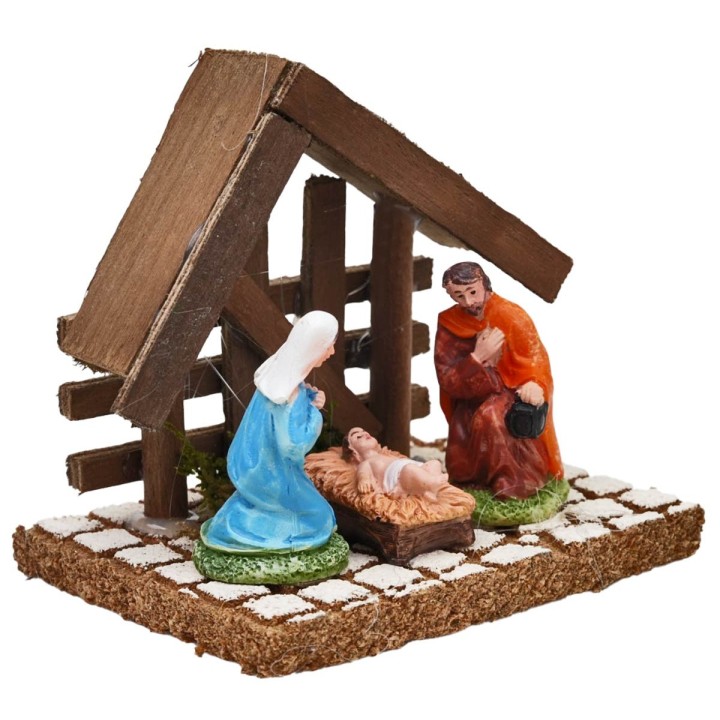 Natividad con cabaña de madera oscura 10x8x9,5h