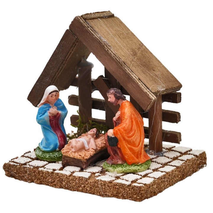 Nativity with dark wood stable 10x8x9.5h