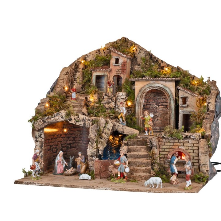 Presepe illuminato con forno e cascata funzionanti 53x35x47h