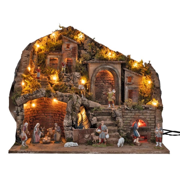 Presepe illuminato con forno e cascata funzionanti 53x35x47h