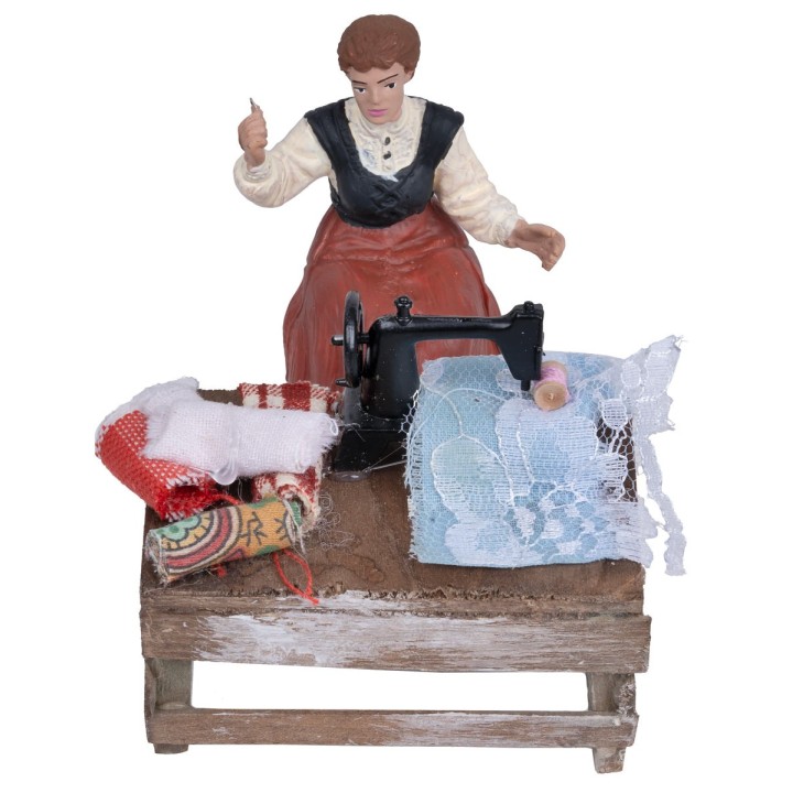 Seamstress table with machine and fabrics