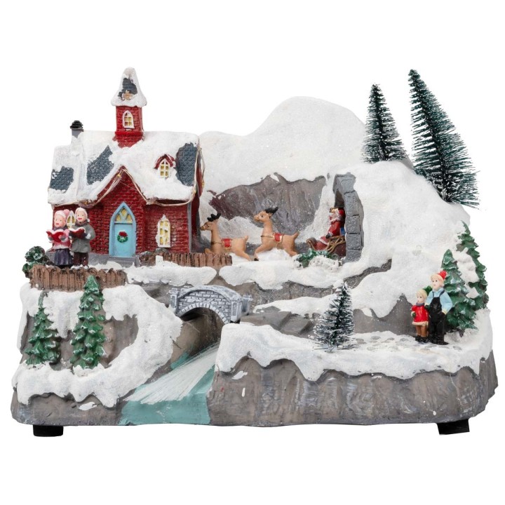 Christmas village with moving sleigh complete with lights and