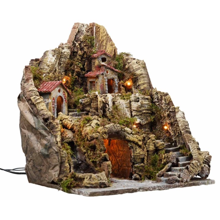 Illuminated nativity scene with stream and long staircase 35x30x40h