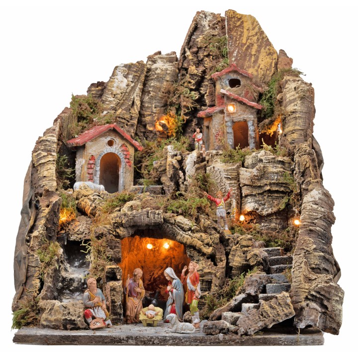Illuminated nativity scene with stream and long staircase 35x30x40h