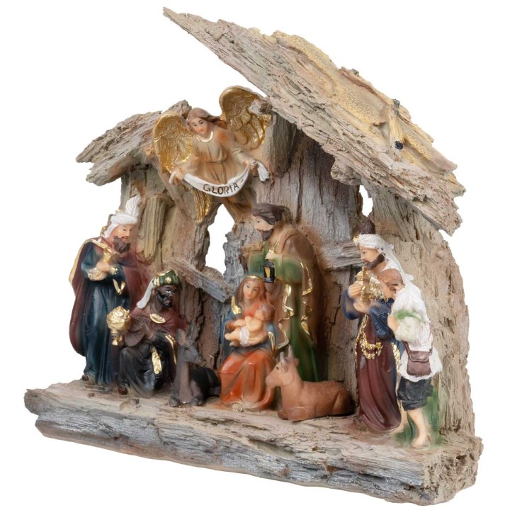 Natividad en bloque con personajes y cabaña