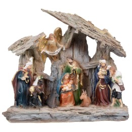 Natividad en bloque con personajes y cabaña
