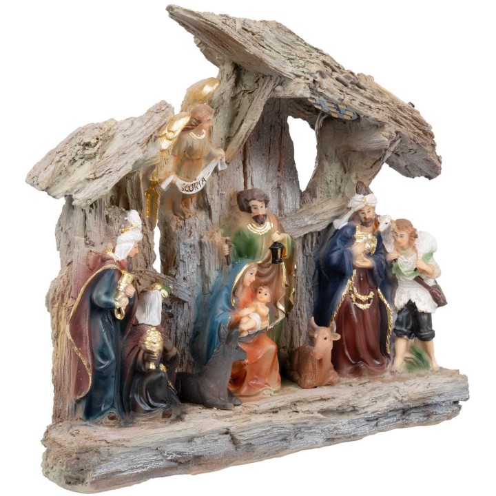 Natividad en bloque con personajes y cabaña