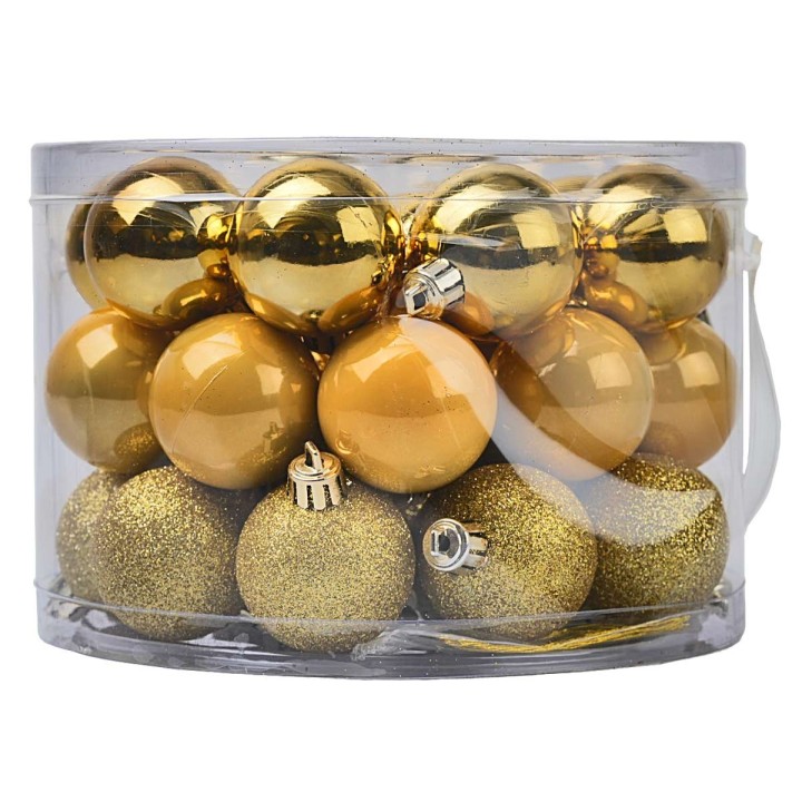 Box tondo con manico 42 palline oro ø 5 cm assortite