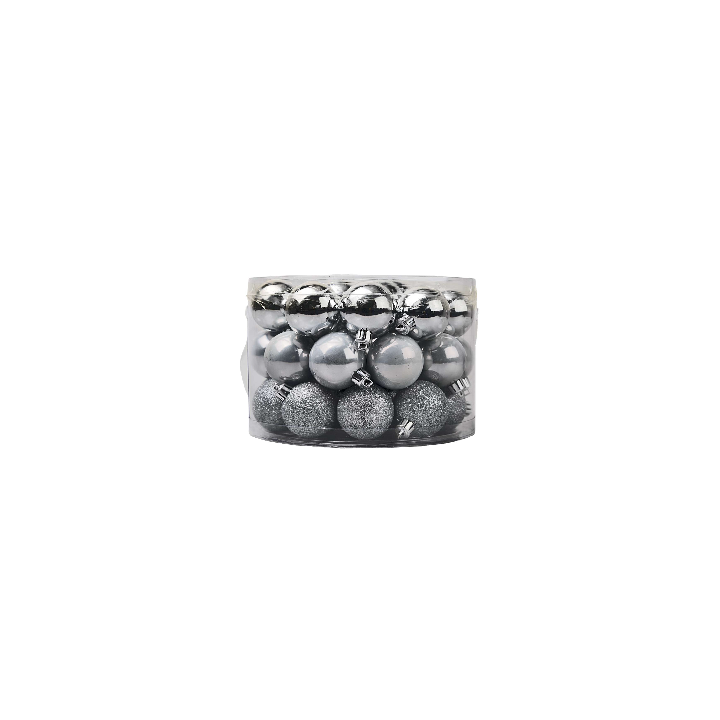 Caja redonda con asa 42 bolitas plateadas ø 5 cm surtidas