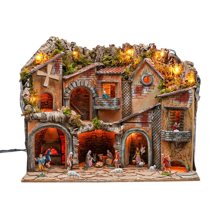 Belén iluminado con arcos, horno, molino y balcones 70x48x60h