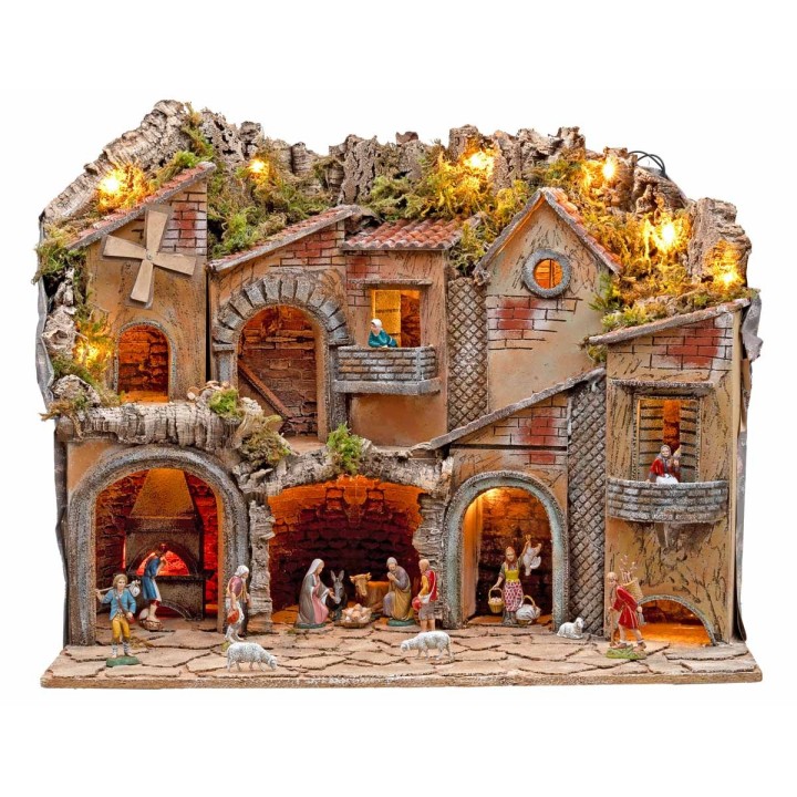 Presepe illuminato con archi, forno, mulino e balconi 70x48x60h