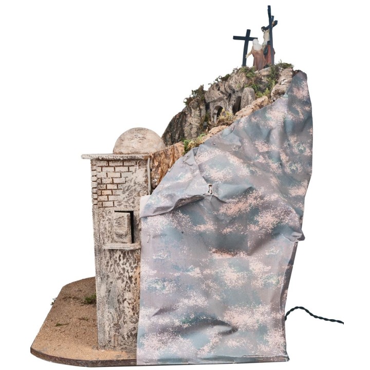 Belén Pascual iluminado con cuevas y sepulcro cm 73x45x55 h