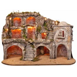 Belén Pascual iluminado con cuevas y sepulcro cm 73x45x55 h