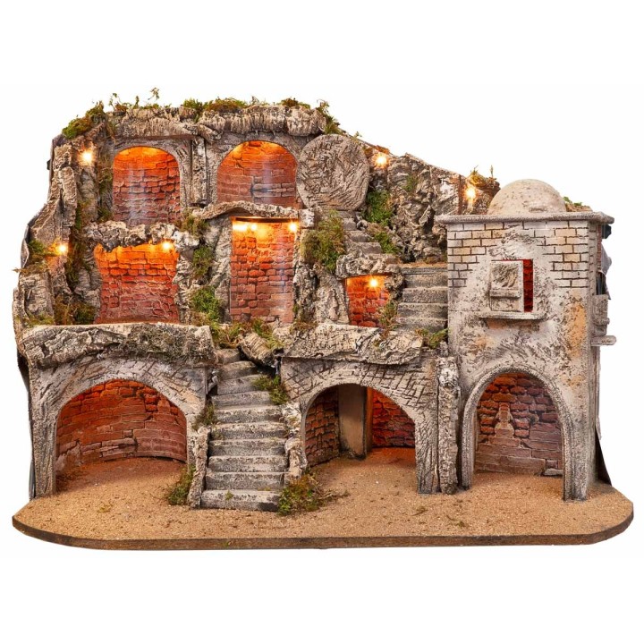 Belén Pascual iluminado con cuevas y sepulcro cm 73x45x55 h