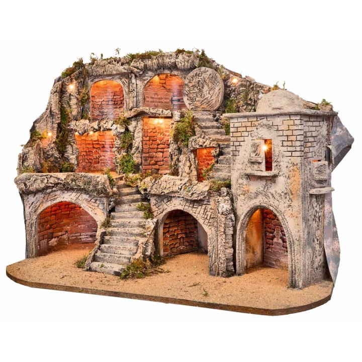 Belén Pascual iluminado con cuevas y sepulcro cm 73x45x55 h