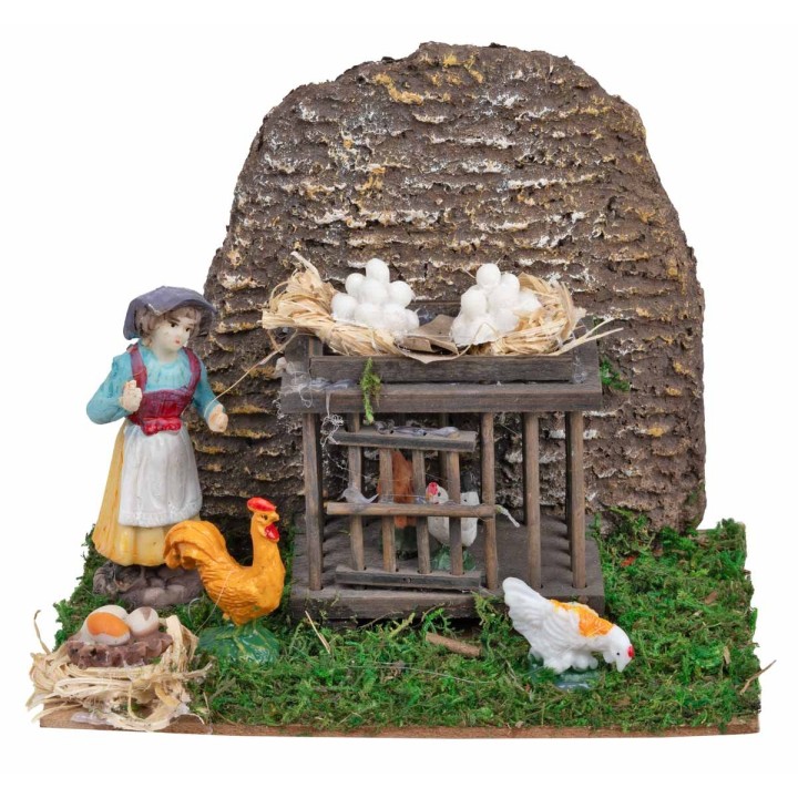 Gallinero con campesina y gallinas cm 15x11x12 h