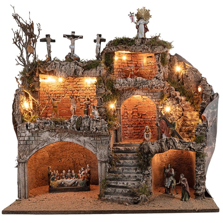 Presepe Pasquale illuminato completo di statue cm 62x45x60h